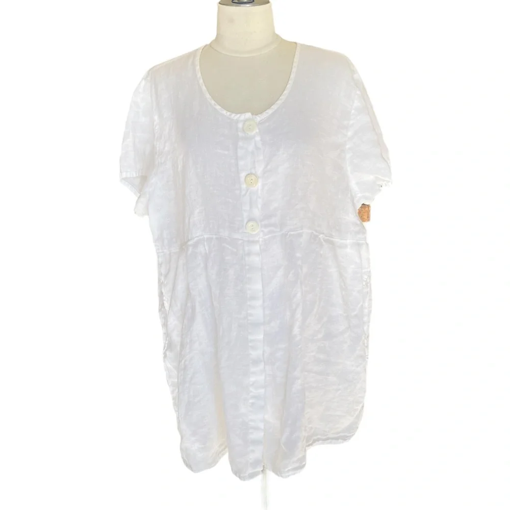 FLAX Linen short sleeve button down, baby doll style 100% linen dress_8